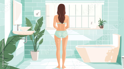 Slim Woman Struggling with Bulimia in Bathroom Vector Illustration
