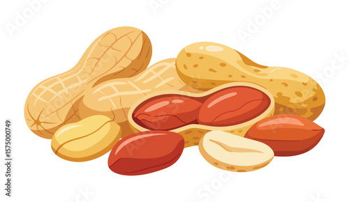 Illustration of a pile of peanuts with some shelled and unshelled nuts