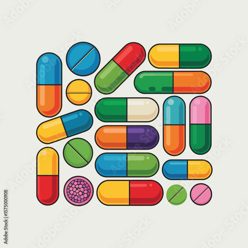 Assortment of colorful medical capsules and pills arranged in a pattern