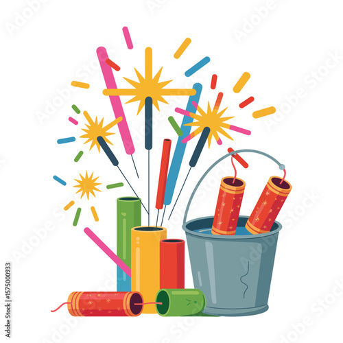 Colorful celebration sparklers and firecrackers in a bucket