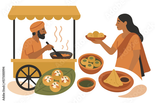 Street food cart serving traditional indian snacks in flat style