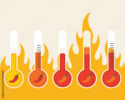 Five thermometers with chili peppers showing increasing heat levels and flames