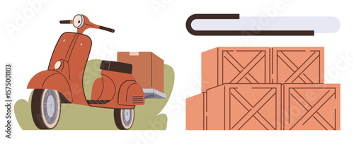 Vintage red scooter carrying a package near a pile of wooden crates symbolizing delivery, transport, and logistics. Ideal for shipping, courier, distribution, e-commerce, trade, packaging delivery