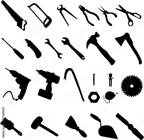Black Silhouette Vector of Twenty-Two Hand Tools Including Saws, Pliers, Drills, Wrenches, Hammer, Axe, Paintbrush, and Chisel