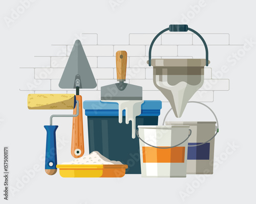 Collection of painting and construction tools including buckets roller and trowels