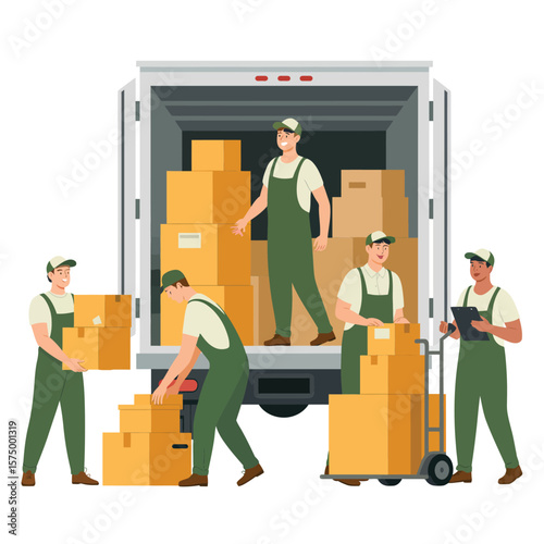 Professional movers loading and unloading boxes from a delivery truck