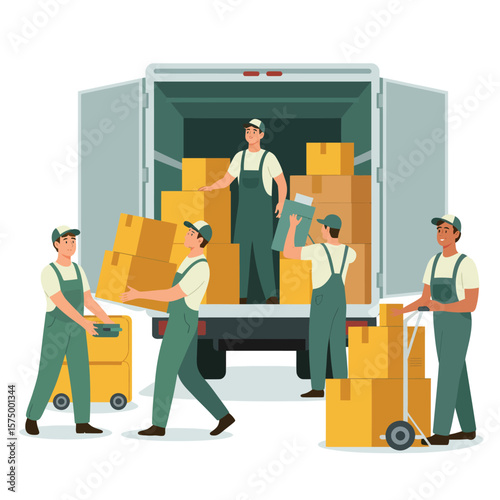 Team of movers loading and unloading boxes from a delivery truck