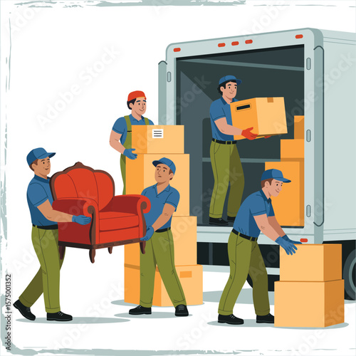 Professional movers carefully load furniture and boxes into a moving truck