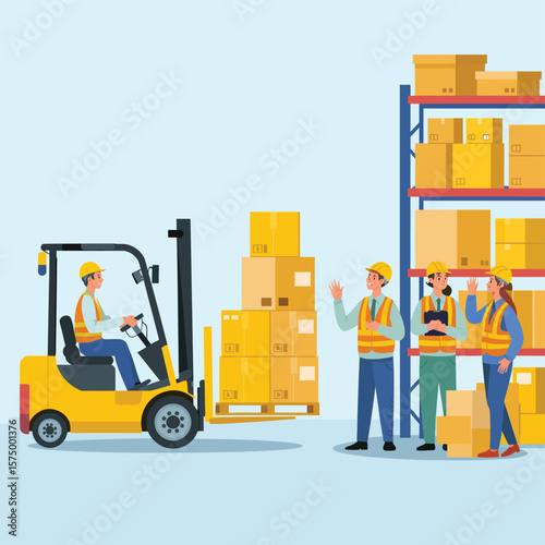Warehouse workers and forklift driver moving boxes in a logistics facility