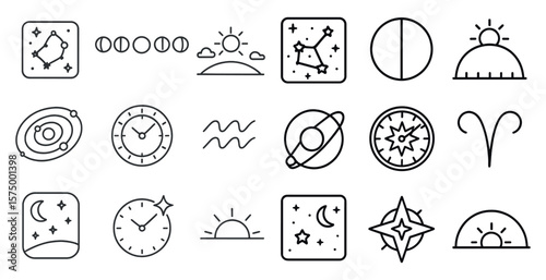 Collection of celestial symbols and clocks. The symbols include the sun, moon, and stars, while the clocks are of various sizes and styles. Scene is one of wonder and fascination with the universe