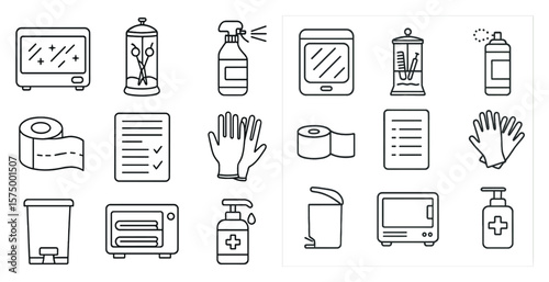 Set of icons for kitchen appliances and cleaning supplies. The icons include a microwave, oven, toaster, and a bottle of hand sanitizer
