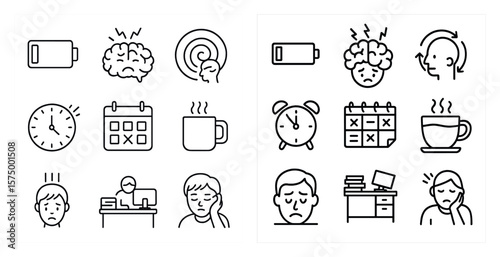 Set of icons for a calendar, clock, and other office items. The icons are drawn in a simple, minimalist style