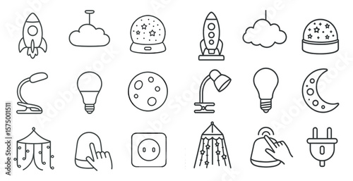 Collection of various objects and symbols, including a rocket, a light bulb, a moon, and a star