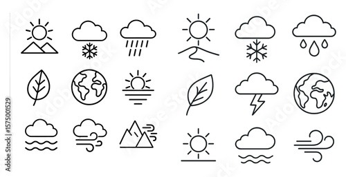 Set of weather icons including sun, rain, snow, and wind. The icons are drawn in a simple, stylized way