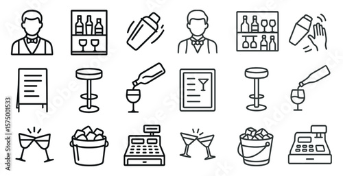 Series of icons for a bar or restaurant, including a bartender, a menu, a cash register, and a wine glass