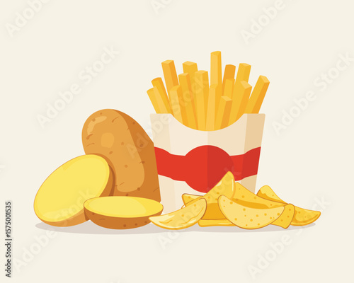 Fresh potatoes and delicious french fries in a paper container