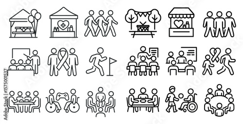 Series of icons depicting various social situations, including a group of people sitting around a table, a man holding a sign, and a man and woman holding hands