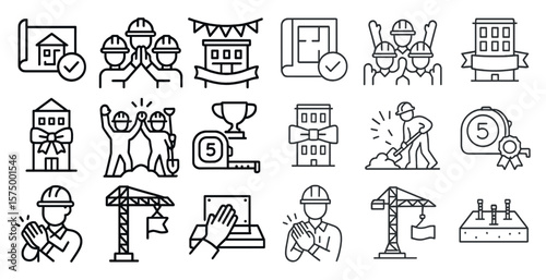 Series of construction related icons including a construction worker, a construction crane, a construction worker with a measuring tape, a construction worker with a hard hat, a construction worker