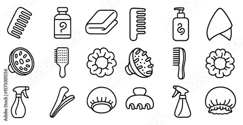 Collection of hair care items including combs, brushes, and hair dryers. The items are arranged in a grid, with each item separated by a small space. Scene is that of a bathroom or salon