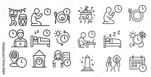 Set of icons depicting various activities and events, including sleeping, eating, and praying. The icons are arranged in a grid, with some overlapping each other. Scene is one of busyness