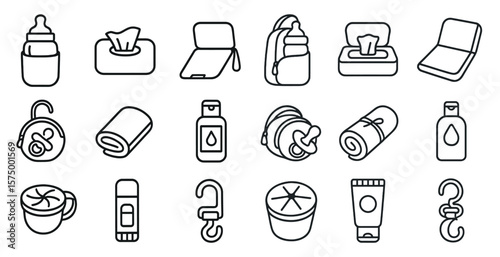 Set of baby items including a bottle, wipes, and a diaper bag. The items are arranged in a grid, with each item having a different size and shape