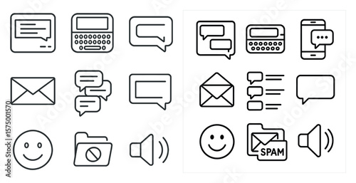 Collection of icons for various communication and messaging apps. The icons include a keyboard, a cell phone, a camera, a smiley face, and a frowning face. The icons are arranged in a grid