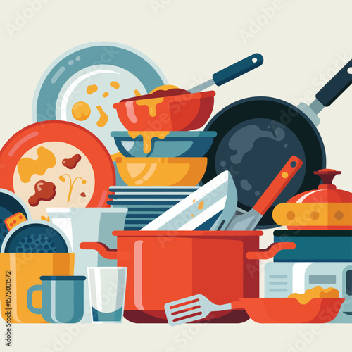 A pile of dirty dishes and cookware in a kitchen after a meal