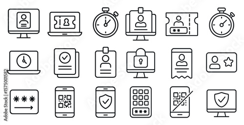 Set of icons for a computer screen, including a clock, a laptop, a phone, a tablet, and a keyboard