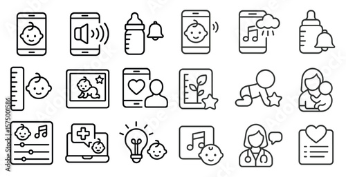 Set of icons for baby care and baby products. The icons include a baby, a bottle, a phone, a tablet, a computer, a clock, a stroller, a car, a book, a heart, a star