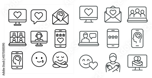 Collection of icons that represent various emotions and actions. The icons include a smiling face, a heart, a phone, a laptop, a computer, a keyboard, a mouse, a TV, a book
