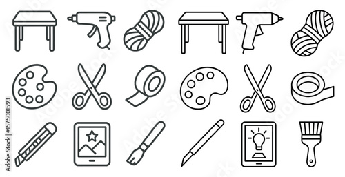 Collection of art supplies including scissors, paint, and a paintbrush. Concept of creativity and artistic expression