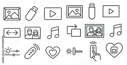 Collection of icons for a computer program. The icons include a heart, a remote control, a music note, a picture of a man and woman, and a picture of a person holding a remote