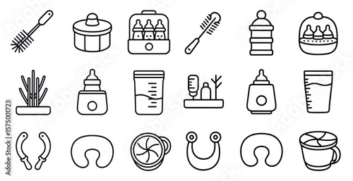 Collection of baby items including bottles, cups, and spoons. The items are arranged in a line and are all black