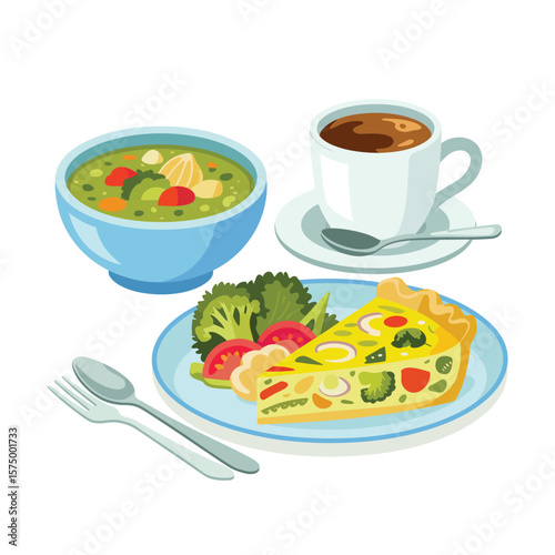 Delicious slice of quiche with fresh salad and a bowl of soup and coffee