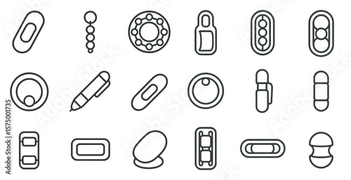 Collection of medical and office supplies. The supplies include a pen, a stapler, a pair of scissors, a paper clip, a rubber band, a pencil, a bottle, a pill, a ball, a key, a cup