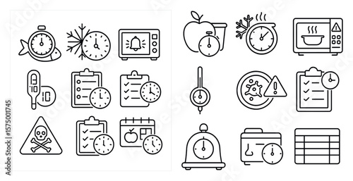 The image is a collection of various time-related icons, including clocks, a microwave, and a toaster. The icons are arranged in a grid, with some overlapping each other. Scene is one of organization
