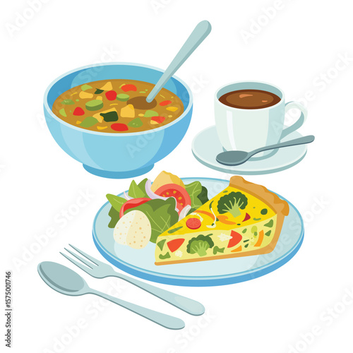 Hearty vegetable quiche and soup meal with coffee and salad