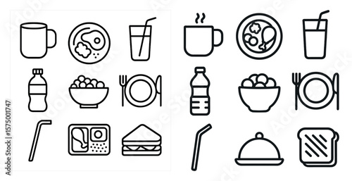 The image is of a set of food and drink icons. The icons include a cup, a bottle, a fork, a knife, a spoon, a bowl, a plate, a sandwich, a salad, a cupcake