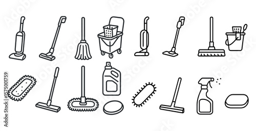 Set of cleaning tools and supplies. The image is a collection of various cleaning tools and supplies, including a mop, broom, vacuum, and bucket. Scene is that of organization and cleanliness
