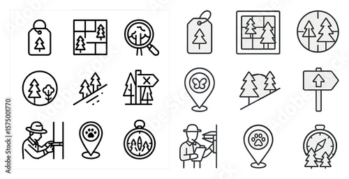 Set of icons for a map app. The icons include a magnifying glass, a compass, a sign, and a person