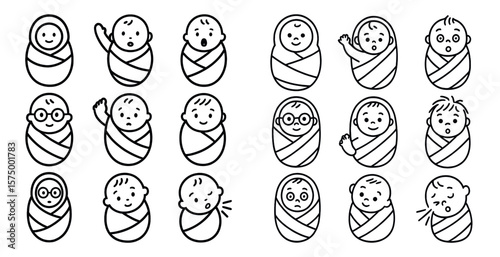 Set of baby faces in different poses. The babies are all wrapped in blankets. Scene is cute and playful