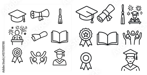 The image is of graduation symbols and a graduation cap. The symbols include a book, a graduation cap, and a diploma. Scene is celebratory and represents the achievement of graduating from school