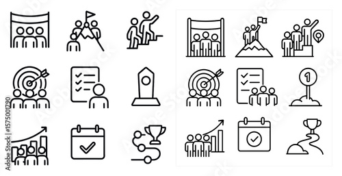 Set of icons that represent different goals and achievements. The icons include a person holding a flag, a person holding a target, and a person holding a trophy. The icons are arranged in a grid