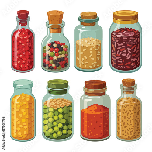 Collection of glass jars filled with various colorful spices and grains