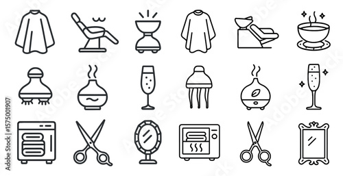 Collection of icons for a salon, including scissors, a hair dryer, a hair straightener, a hairbrush, a mirror, a chair, a cup, a bowl, a bottle, a vase, a wine glass, a champagne
