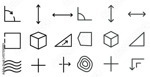 Set of geometric shapes in black and white. The shapes include a square, a triangle, a rectangle, and a circle. The shapes are arranged in a grid, with some overlapping and some standing alone