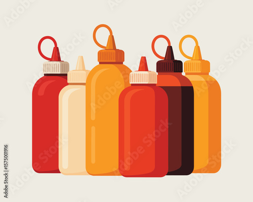 Assortment of colorful squeeze bottles for condiments like ketchup and mustard