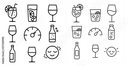 Set of icons for drinks and glasses, including a wine glass, a bottle, and a cup