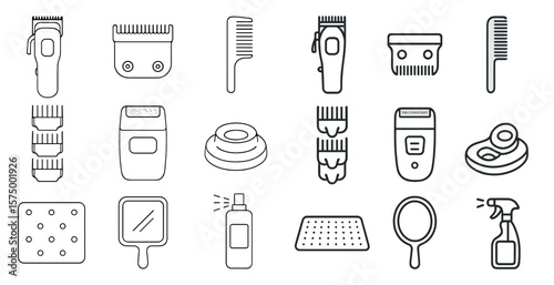 Collection of hair care tools and accessories. The image is a collection of various hair care tools and accessories, including scissors, combs, and hair dryers