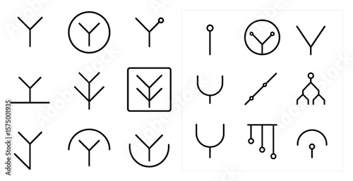 The image is a collection of various symbols and shapes, including a Y, a tree, and a curved line. Scene is abstract and geometric, with a focus on simple shapes and lines